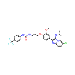 COc1cc(-c2nc3ccc(Cl)cn3c2NC(C)C)ccc1OCCCNC(=O)Nc1ccc(C(F)(F)F)cc1 ZINC000095587387