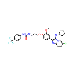 COc1cc(-c2nc3ccc(Cl)cn3c2NC2CCCC2)ccc1OCCCNC(=O)Nc1ccc(C(F)(F)F)cc1 ZINC000095590249