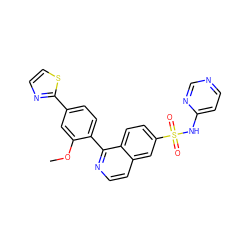COc1cc(-c2nccs2)ccc1-c1nccc2cc(S(=O)(=O)Nc3ccncn3)ccc12 ZINC000215518497