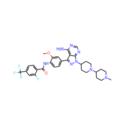 COc1cc(-c2nn(C3CCN(C4CCN(C)CC4)CC3)c3ncnc(N)c23)ccc1NC(=O)c1ccc(C(F)(F)F)cc1F ZINC000028565138