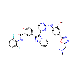 COc1cc(-c2nnc(CN(C)C)o2)ccc1Nc1nccc(-c2c(-c3ccc(OC)c(C(=O)Nc4c(F)cccc4F)c3)nc3ccccn23)n1 ZINC000165092696