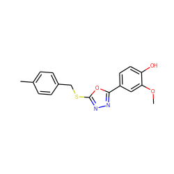 COc1cc(-c2nnc(SCc3ccc(C)cc3)o2)ccc1O ZINC000084713015