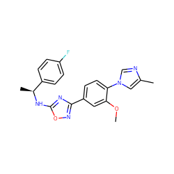 COc1cc(-c2noc(N[C@@H](C)c3ccc(F)cc3)n2)ccc1-n1cnc(C)c1 ZINC000072178262