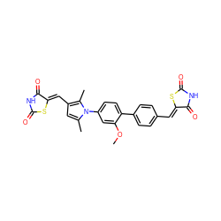 COc1cc(-n2c(C)cc(/C=C3\SC(=O)NC3=O)c2C)ccc1-c1ccc(/C=C2\SC(=O)NC2=O)cc1 ZINC001772570876