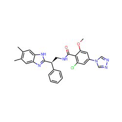 COc1cc(-n2cnnc2)cc(Cl)c1C(=O)NC[C@@H](c1ccccc1)c1nc2cc(C)c(C)cc2[nH]1 ZINC000473154448