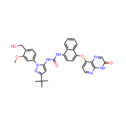 COc1cc(-n2nc(C(C)(C)C)cc2NC(=O)Nc2ccc(Oc3ccnc4[nH]c(=O)cnc34)c3ccccc23)ccc1CO ZINC000199094527