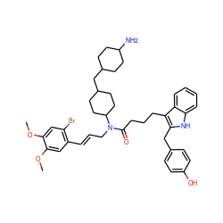 COc1cc(Br)c(/C=C/CN(C(=O)CCCc2c(Cc3ccc(O)cc3)[nH]c3ccccc23)C2CCC(CC3CCC(N)CC3)CC2)cc1OC ZINC000095542212