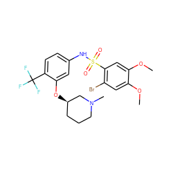 COc1cc(Br)c(S(=O)(=O)Nc2ccc(C(F)(F)F)c(O[C@@H]3CCCN(C)C3)c2)cc1OC ZINC000095605880