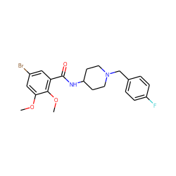 COc1cc(Br)cc(C(=O)NC2CCN(Cc3ccc(F)cc3)CC2)c1OC ZINC000013834040