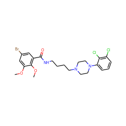 COc1cc(Br)cc(C(=O)NCCCCN2CCN(c3cccc(Cl)c3Cl)CC2)c1OC ZINC000026162325