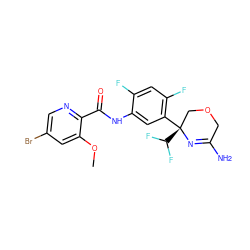 COc1cc(Br)cnc1C(=O)Nc1cc([C@]2(C(F)F)COCC(N)=N2)c(F)cc1F ZINC000113660602