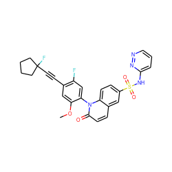 COc1cc(C#CC2(F)CCCC2)c(F)cc1-n1c(=O)ccc2cc(S(=O)(=O)Nc3cccnn3)ccc21 ZINC001772646380
