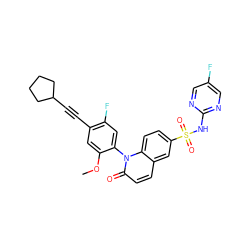 COc1cc(C#CC2CCCC2)c(F)cc1-n1c(=O)ccc2cc(S(=O)(=O)Nc3ncc(F)cn3)ccc21 ZINC001772627108