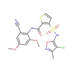 COc1cc(C#N)c(NC(=O)c2sccc2S(=O)(=O)Nc2onc(C)c2Cl)c(OC)c1 ZINC000029411208