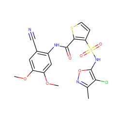 COc1cc(C#N)c(NC(=O)c2sccc2S(=O)(=O)Nc2onc(C)c2Cl)cc1OC ZINC000001893333