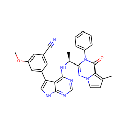 COc1cc(C#N)cc(-c2c[nH]c3ncnc(N[C@@H](C)c4nn5ccc(C)c5c(=O)n4-c4ccccc4)c23)c1 ZINC001772577918