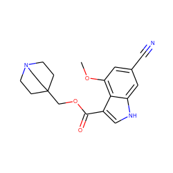 COc1cc(C#N)cc2[nH]cc(C(=O)OCC34CCN(CC3)CC4)c12 ZINC001772651364