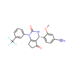 COc1cc(C#N)ccc1[C@H]1NC(=O)N(c2cccc(C(F)(F)F)c2)C2=C1C(=O)CC2 ZINC000218639849