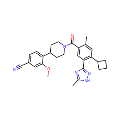 COc1cc(C#N)ccc1C1CCN(C(=O)c2cc(-c3n[nH]c(C)n3)c(C3CCC3)cc2C)CC1 ZINC000220781201