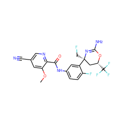 COc1cc(C#N)cnc1C(=O)Nc1ccc(F)c([C@]2(CF)C[C@@H](C(F)(F)F)OC(N)=N2)c1 ZINC000223555784