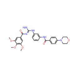 COc1cc(C(=O)/N=C(\N)Nc2cccc(NC(=O)c3ccc(N4CCOCC4)cc3)c2)cc(OC)c1OC ZINC000084652186