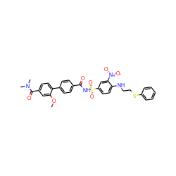 COc1cc(C(=O)N(C)C)ccc1-c1ccc(C(=O)NS(=O)(=O)c2ccc(NCCSc3ccccc3)c([N+](=O)[O-])c2)cc1 ZINC000028568917