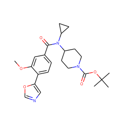 COc1cc(C(=O)N(C2CC2)C2CCN(C(=O)OC(C)(C)C)CC2)ccc1-c1cnco1 ZINC000207702284