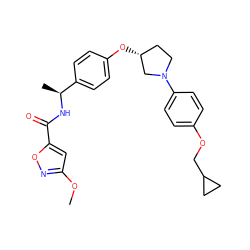 COc1cc(C(=O)N[C@@H](C)c2ccc(O[C@@H]3CCN(c4ccc(OCC5CC5)cc4)C3)cc2)on1 ZINC001772575974