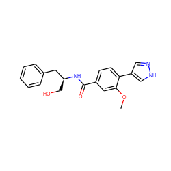 COc1cc(C(=O)N[C@@H](CO)Cc2ccccc2)ccc1-c1cn[nH]c1 ZINC001772637109