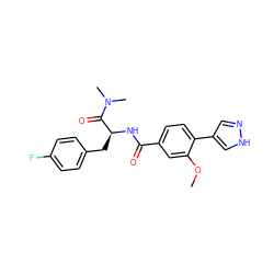 COc1cc(C(=O)N[C@@H](Cc2ccc(F)cc2)C(=O)N(C)C)ccc1-c1cn[nH]c1 ZINC001772653040