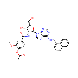COc1cc(C(=O)N[C@@H]2[C@H](O)[C@@H](CO)O[C@H]2n2cnc3c(NCc4cccc5ccccc45)ncnc32)ccc1OC(C)=O ZINC000026186492