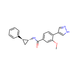 COc1cc(C(=O)N[C@@H]2C[C@H]2c2ccccc2)ccc1-c1cn[nH]c1 ZINC000221708259