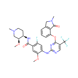 COc1cc(C(=O)N[C@@H]2CCN(C)C[C@@H]2OC)c(F)cc1Nc1ncc(C(F)(F)F)c(Oc2cccc3c2C(=O)N(C)C3)n1 ZINC000146017523