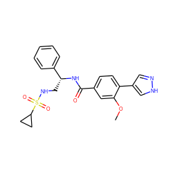 COc1cc(C(=O)N[C@H](CNS(=O)(=O)C2CC2)c2ccccc2)ccc1-c1cn[nH]c1 ZINC001772628459