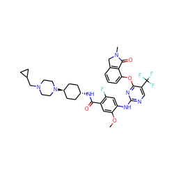 COc1cc(C(=O)N[C@H]2CC[C@H](N3CCN(CC4CC4)CC3)CC2)c(F)cc1Nc1ncc(C(F)(F)F)c(Oc2cccc3c2C(=O)N(C)C3)n1 ZINC000261081788
