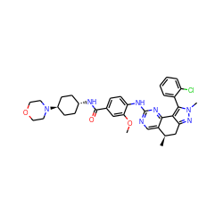 COc1cc(C(=O)N[C@H]2CC[C@H](N3CCOCC3)CC2)ccc1Nc1ncc2c(n1)-c1c(nn(C)c1-c1ccccc1Cl)C[C@H]2C ZINC000261177419