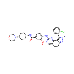 COc1cc(C(=O)N[C@H]2CC[C@H](N3CCOCC3)CC2)ccc1Nc1ncc2c(n1)-c1c(nn(C)c1-c1ccccc1Cl)CC2 ZINC000261162800