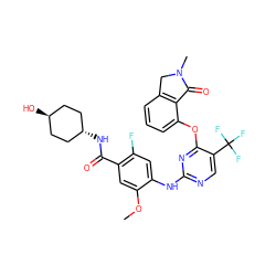 COc1cc(C(=O)N[C@H]2CC[C@H](O)CC2)c(F)cc1Nc1ncc(C(F)(F)F)c(Oc2cccc3c2C(=O)N(C)C3)n1 ZINC000261175292