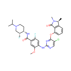 COc1cc(C(=O)N[C@H]2CCN(C(C)C)C[C@H]2F)c(F)cc1Nc1ncc(Cl)c(Oc2cccc3c2C(=O)N(C)[C@H]3C)n1 ZINC000146057621