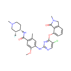 COc1cc(C(=O)N[C@H]2CCN(C)C[C@H]2F)c(C)cc1Nc1ncc(Cl)c(Oc2cccc3c2C(=O)N(C)C3)n1 ZINC000146062325