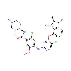 COc1cc(C(=O)N[C@H]2CCN(C)C[C@H]2F)c(Cl)cc1Nc1ncc(Cl)c(Oc2cccc3c2C(=O)[C@@H](C)[C@@H]3C)n1 ZINC000169685399