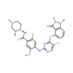 COc1cc(C(=O)N[C@H]2CCN(C)C[C@H]2F)c(Cl)cc1Nc1ncc(Cl)c(Oc2cccc3c2C(=O)N(C)[C@@H]3C)n1 ZINC000138445707