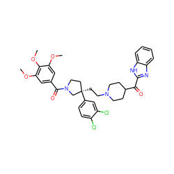 COc1cc(C(=O)N2CC[C@@](CCN3CCC(C(=O)c4nc5ccccc5[nH]4)CC3)(c3ccc(Cl)c(Cl)c3)C2)cc(OC)c1OC ZINC000026720548