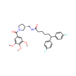 COc1cc(C(=O)N2CC[C@H](CNC(=O)CCCCC(c3ccc(F)cc3)c3ccc(F)cc3)C2)cc(OC)c1OC ZINC000084758471
