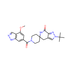 COc1cc(C(=O)N2CCC3(CC2)Cc2cn(C(C)(C)C)nc2C(=O)N3)cc2[nH]ncc12 ZINC000261143943