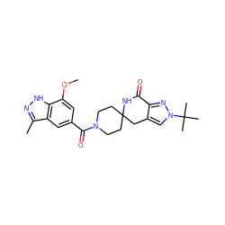 COc1cc(C(=O)N2CCC3(CC2)Cc2cn(C(C)(C)C)nc2C(=O)N3)cc2c(C)n[nH]c12 ZINC000261169639