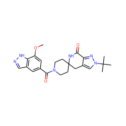 COc1cc(C(=O)N2CCC3(CC2)Cc2cn(C(C)(C)C)nc2C(=O)N3)cc2cn[nH]c12 ZINC000167321624