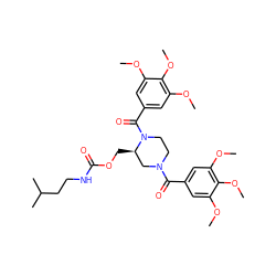 COc1cc(C(=O)N2CCN(C(=O)c3cc(OC)c(OC)c(OC)c3)[C@H](COC(=O)NCCC(C)C)C2)cc(OC)c1OC ZINC000003914870