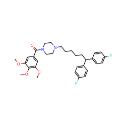 COc1cc(C(=O)N2CCN(CCCCCC(c3ccc(F)cc3)c3ccc(F)cc3)CC2)cc(OC)c1OC ZINC000049780284