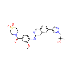 COc1cc(C(=O)N2CCS(=O)(=O)CC2)ccc1Nc1cc2cc(-c3cnn(CC(C)(C)O)c3)ccc2cn1 ZINC000207771415